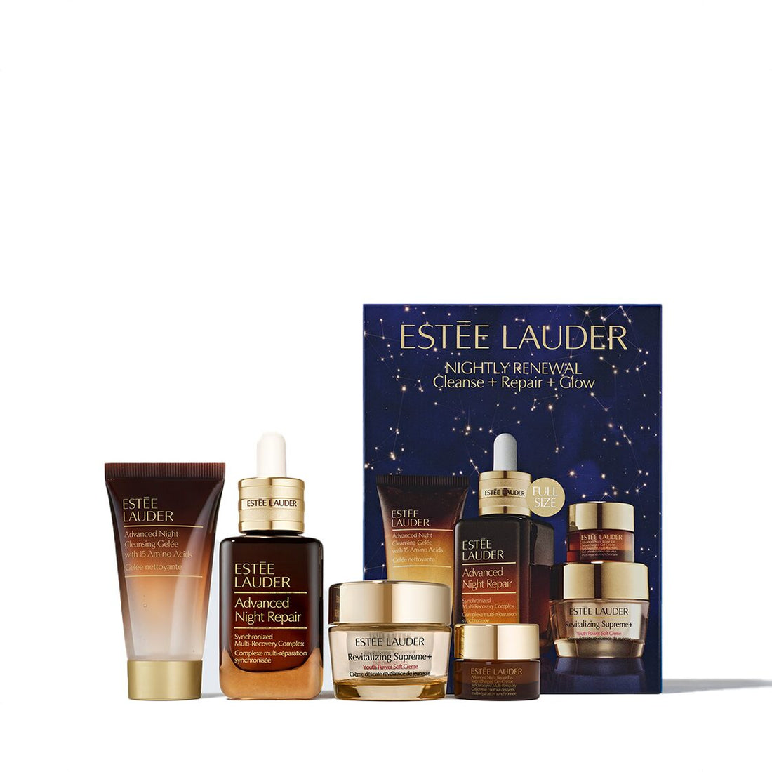 Estee Lauder Nightly Renewal Cleanse + Repair + Glow Set | Full size | Advanced Night Repair 50ml + Advanced Night 30ml + Revitalizing Supreme+ 15ml + Advanced Night Repair Eye Supercharged Gel-creme 5ml